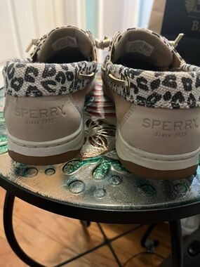 Sperry Women’s Taupe Leather Boat Shoes with Leopard-Print Collar